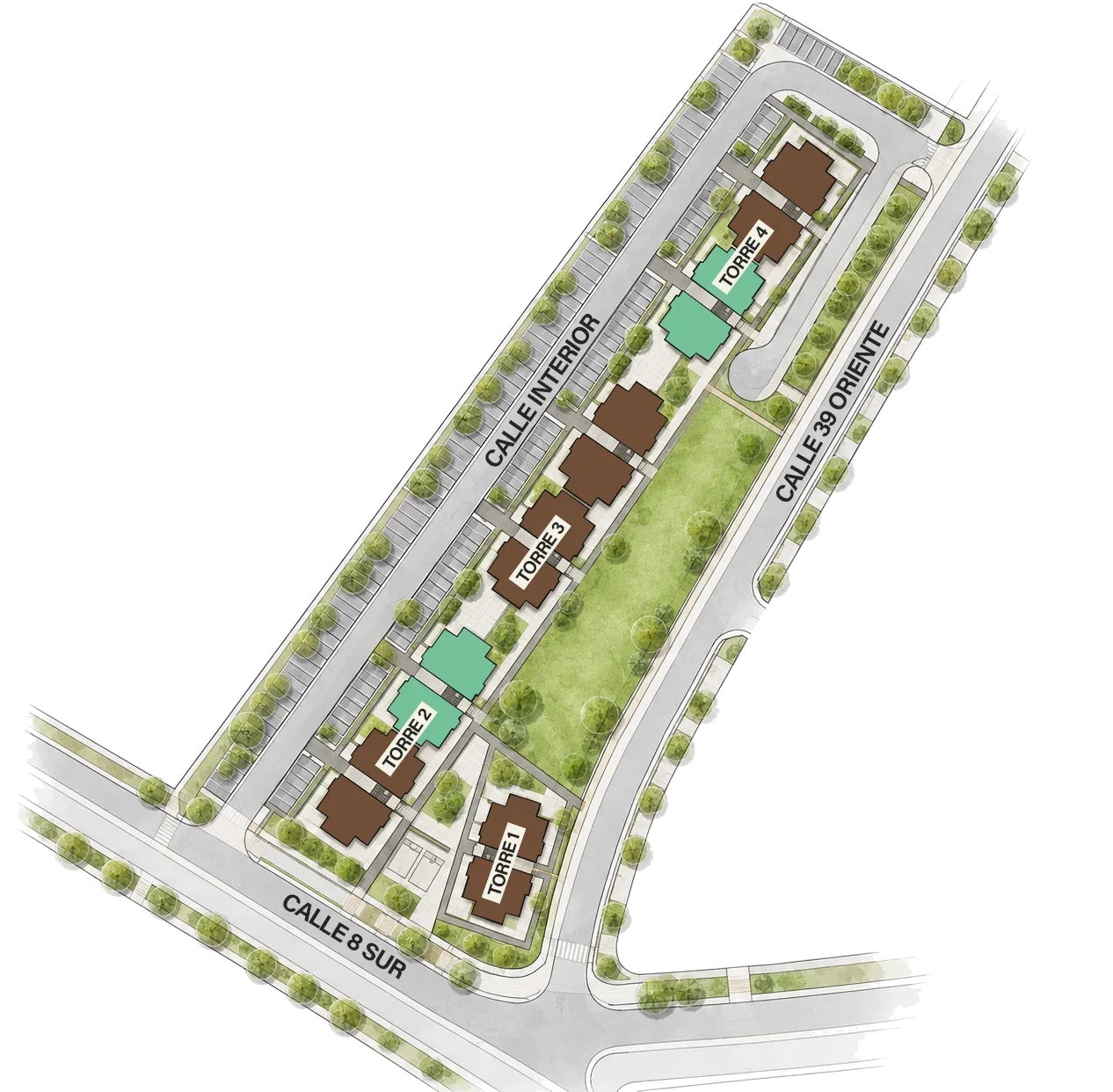 Master plan: cuatro torres alrededor de un parque central entre calle 8 Sur y calle 39 Oriente