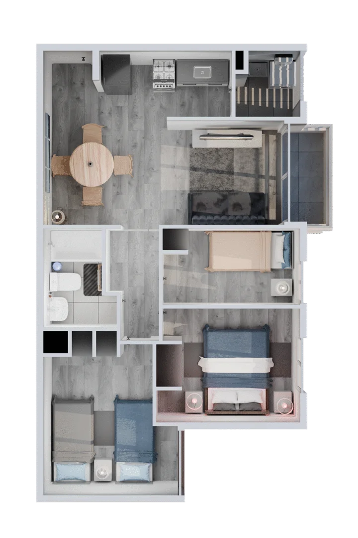Planta del departamento de 60,79 m², 3 dormitorios y 1 baño